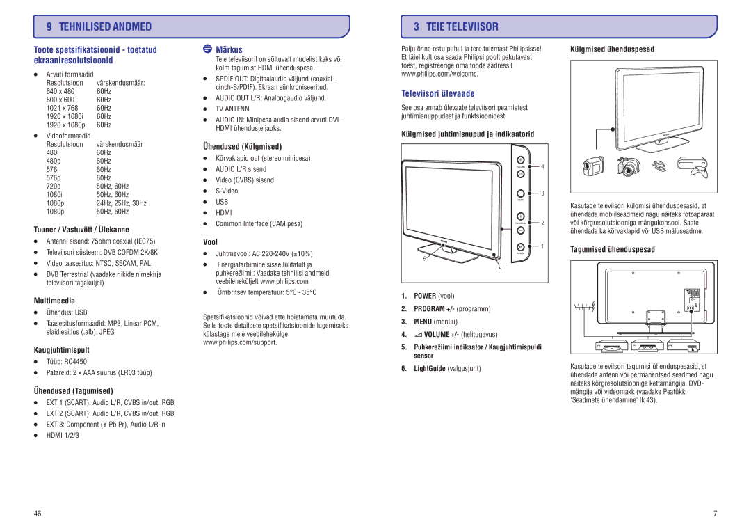 Philips PFL7633D manual Tehnilised Andmed, Teie Televiisor, Televiisoriülevaade 