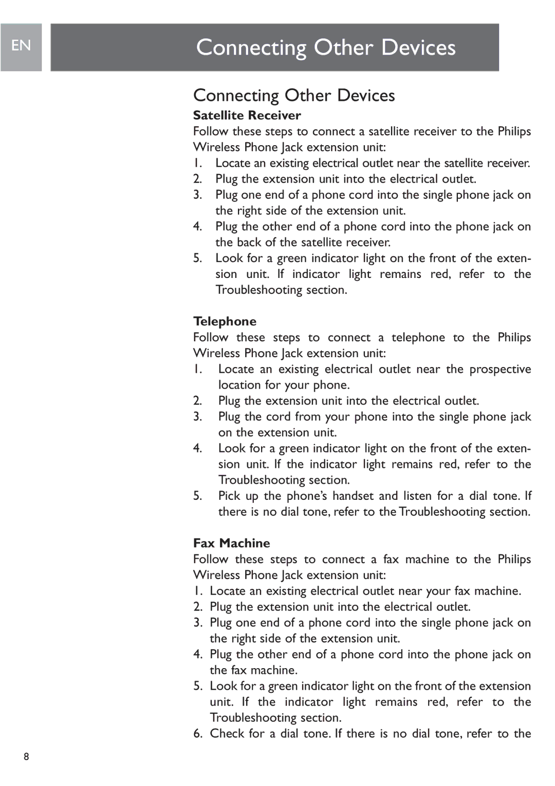 Philips PH0900L user manual Connecting Other Devices, Satellite Receiver, Telephone, Fax Machine 