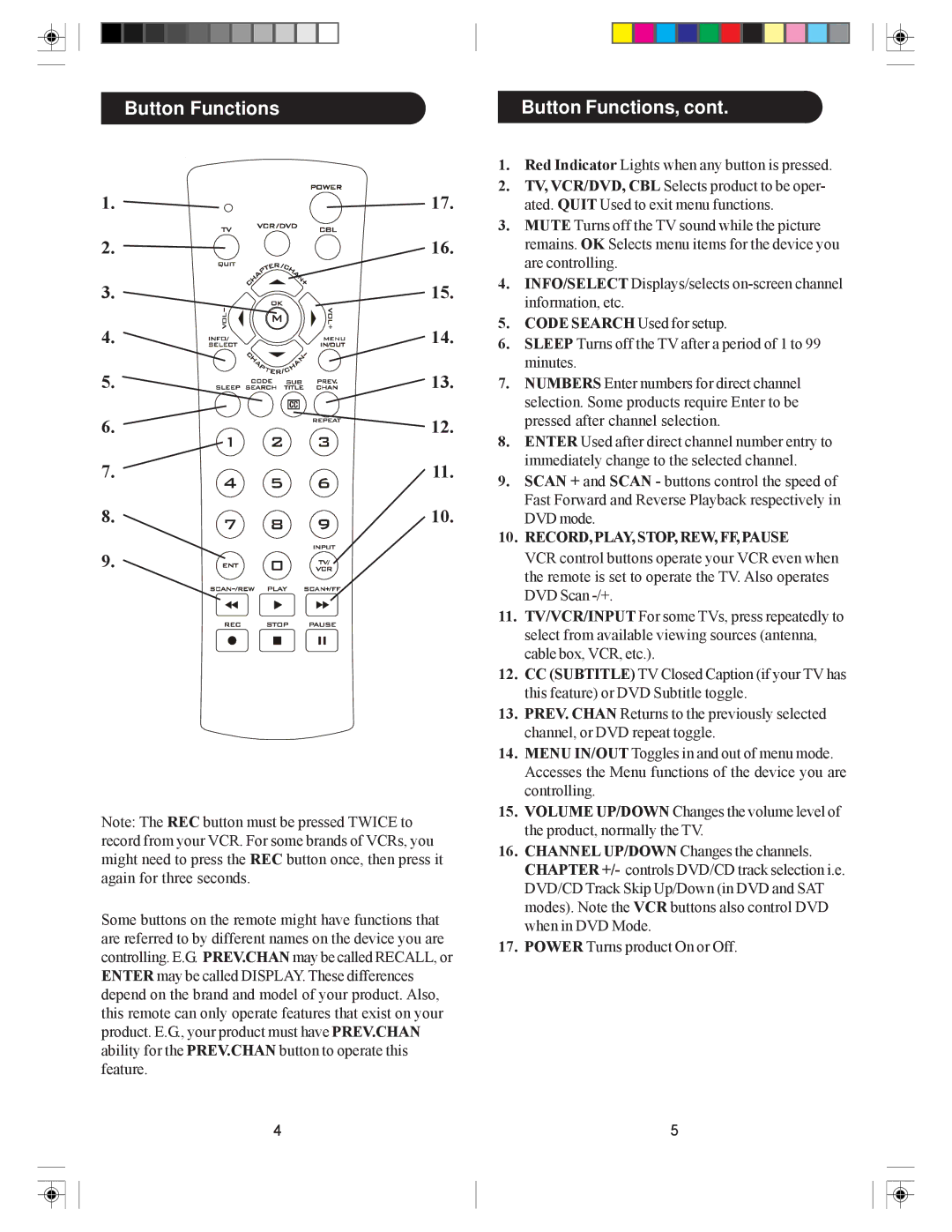 Philips PH301S manual Button Functions Button Functions, RECORD, PLAY, STOP, REW, FF, Pause 