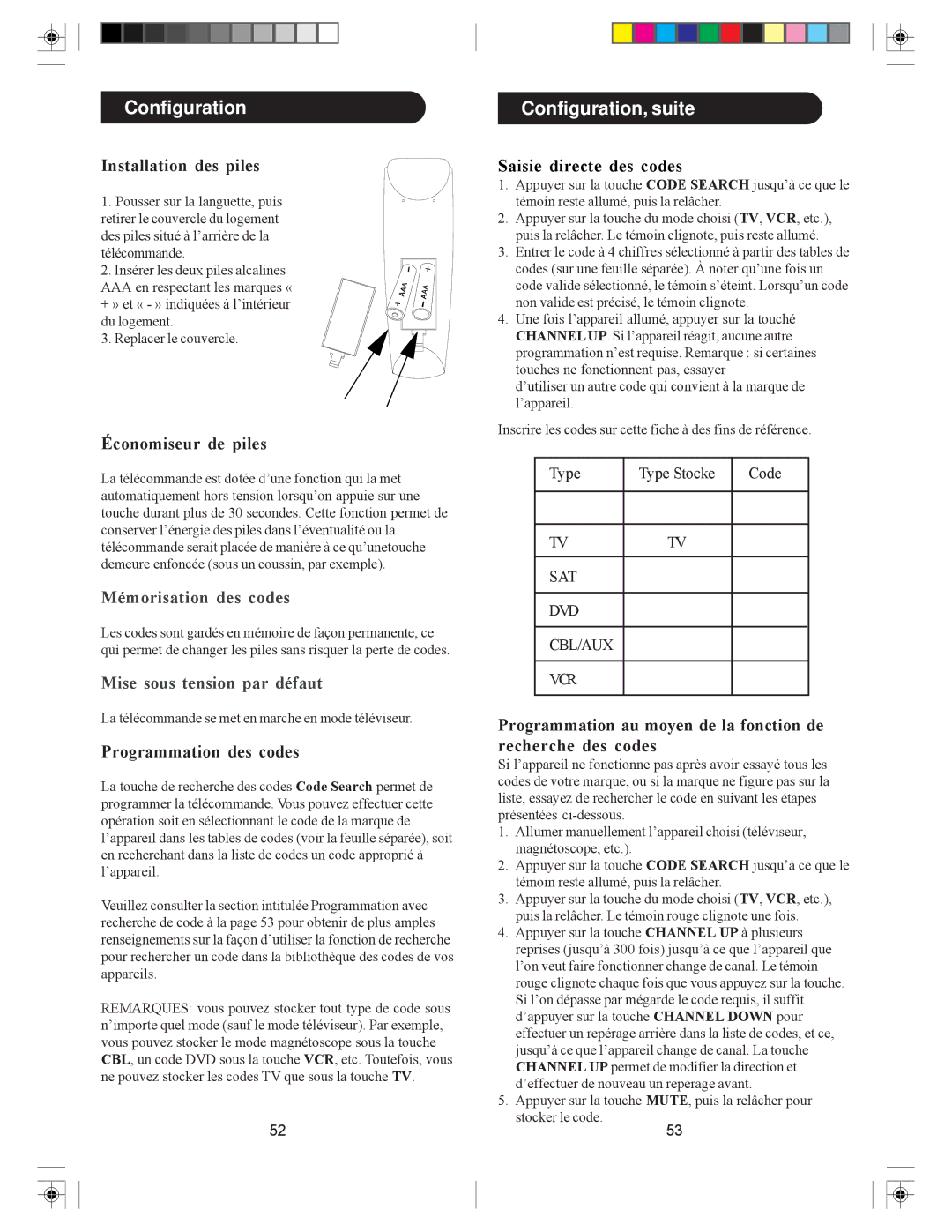 Philips PH5DSS manual Configuration, suite, Installation des piles, Économiseur de piles, Programmation des codes 