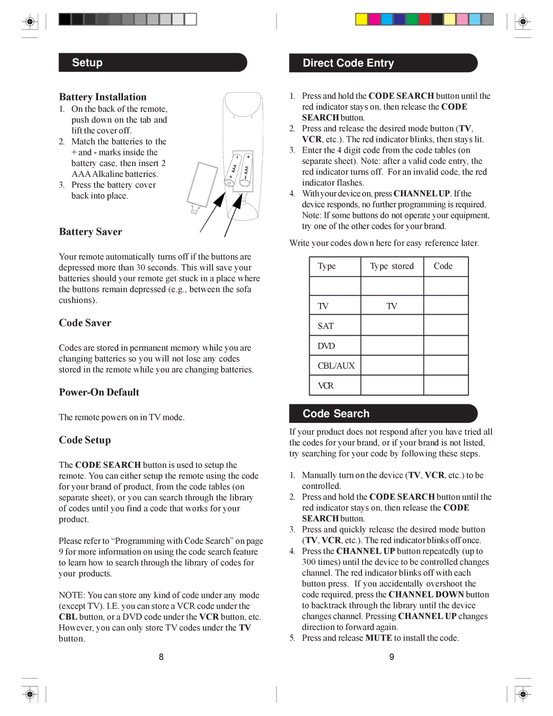 Philips PH5DSS manual Setup, Direct Code Entry, Code Search 