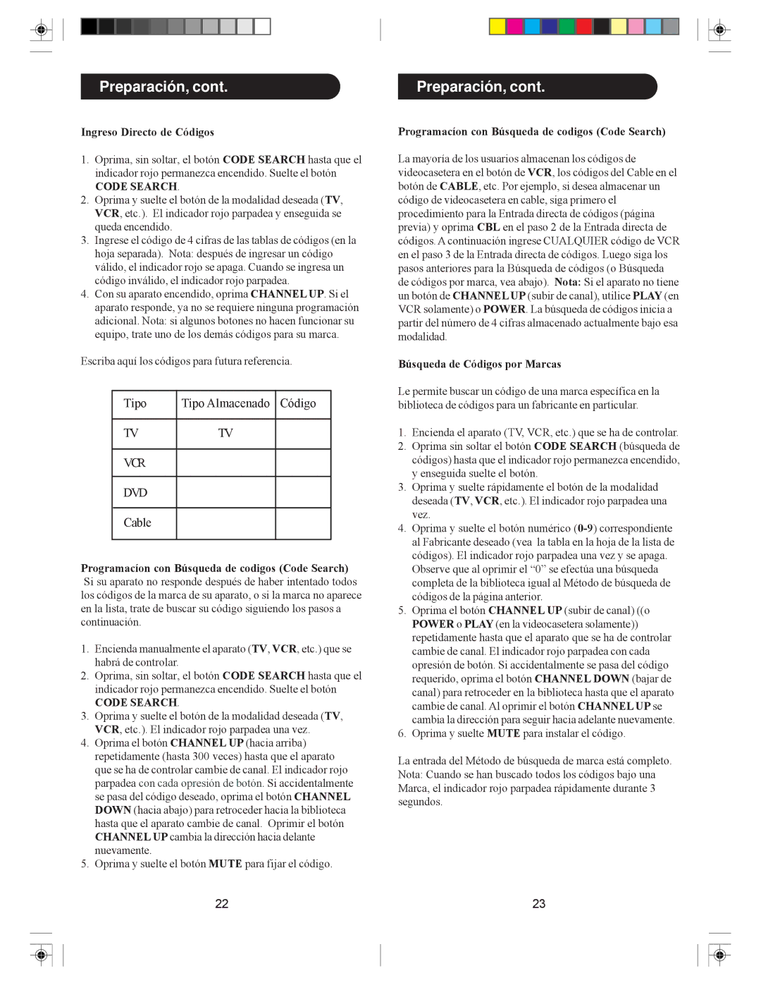 Philips ph601s manual Preparación, Ingreso Directo de Códigos, Programacíon con Búsqueda de codigos Code Search 