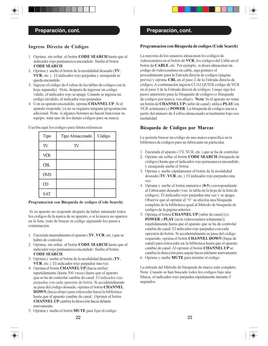 Philips ph601s manual Ingreso Directo de Códigos, Programacíon con Búsqueda de codigos Code Search 