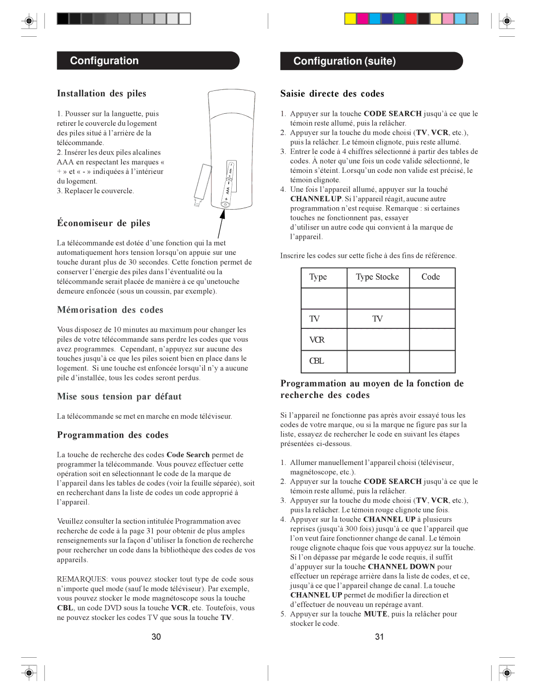 Philips PHBIG3 manual Configuration suite, Installation des piles, Économiseur de piles, Programmation des codes 