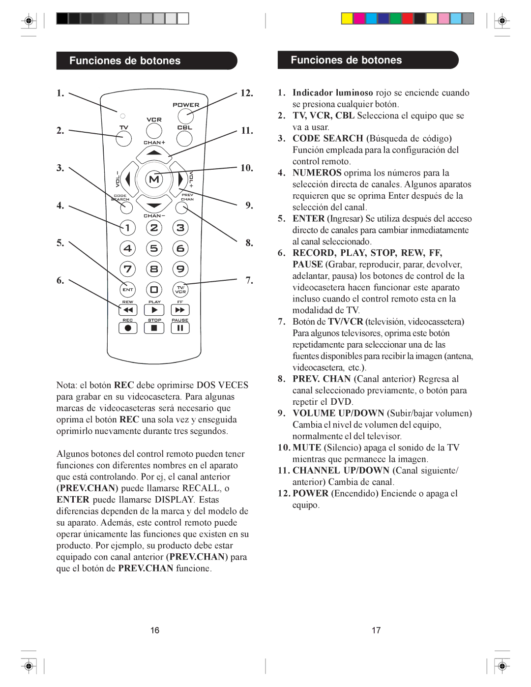 Philips PHBIG3 manual Funciones de botones, Channel UP/DOWN Canal siguiente 