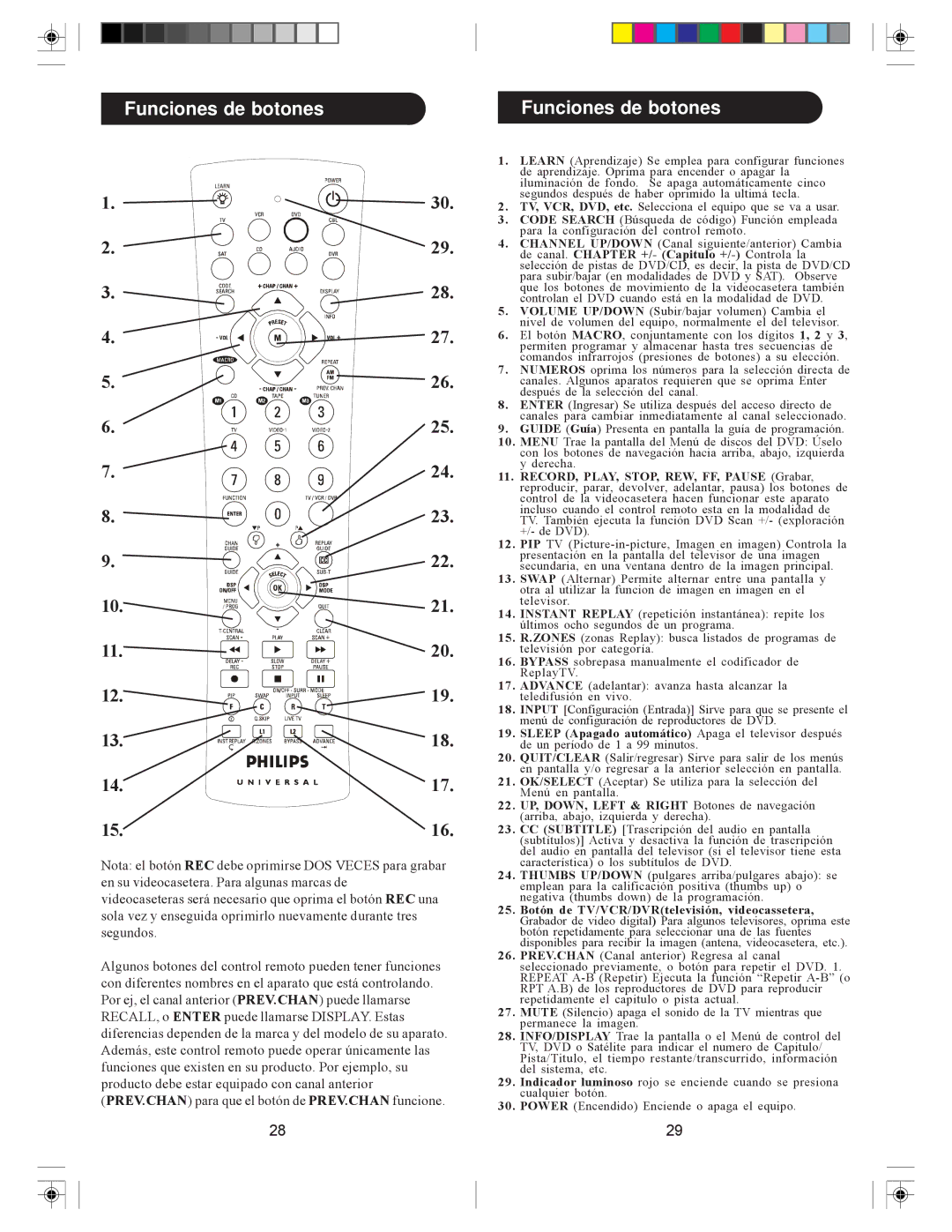 Philips PHDVR8L owner manual Funciones de botones 