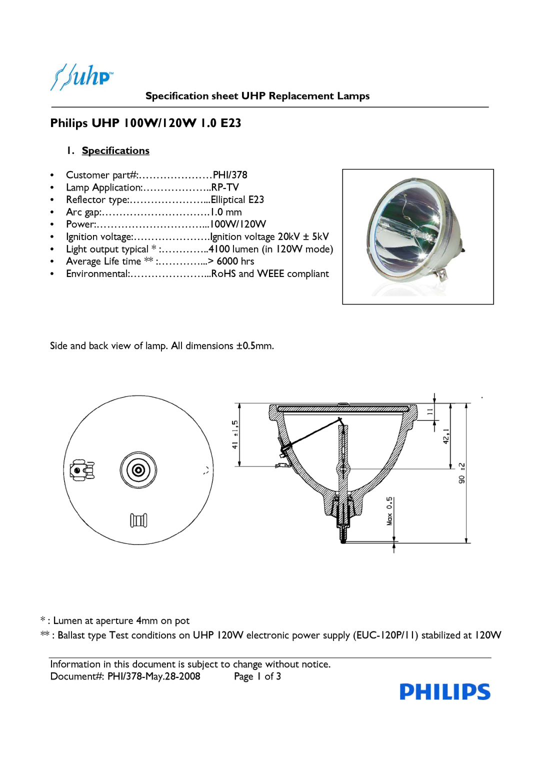 Philips PHI/378 specifications Specification sheet UHP Replacement Lamps, Specifications 