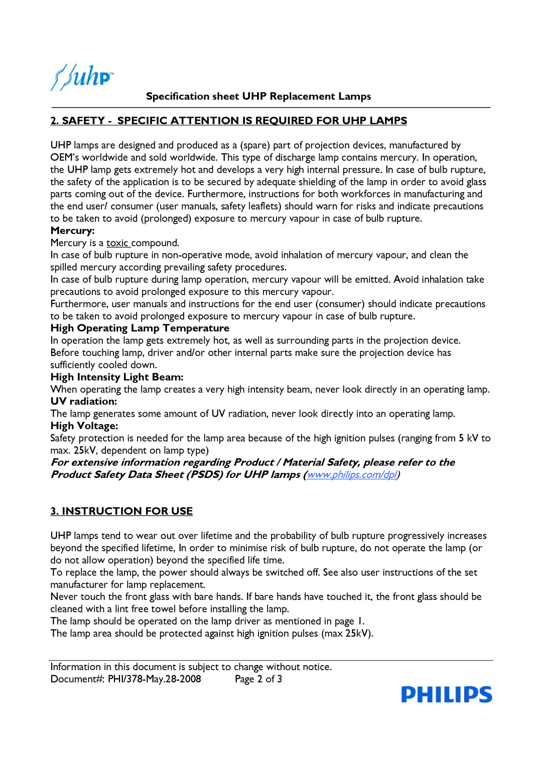 Philips PHI/378 specifications Safety Specific Attention is Required for UHP Lamps, Instruction for USE 