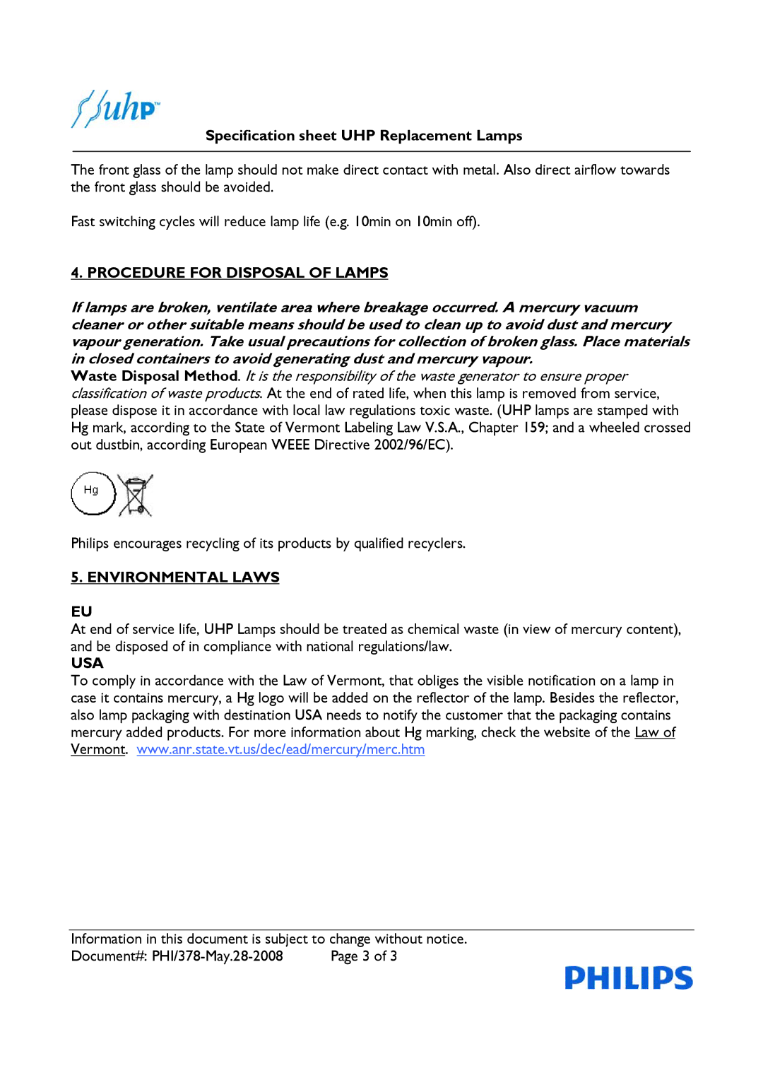 Philips PHI/378 specifications Procedure for Disposal of Lamps, Environmental Laws, Usa 