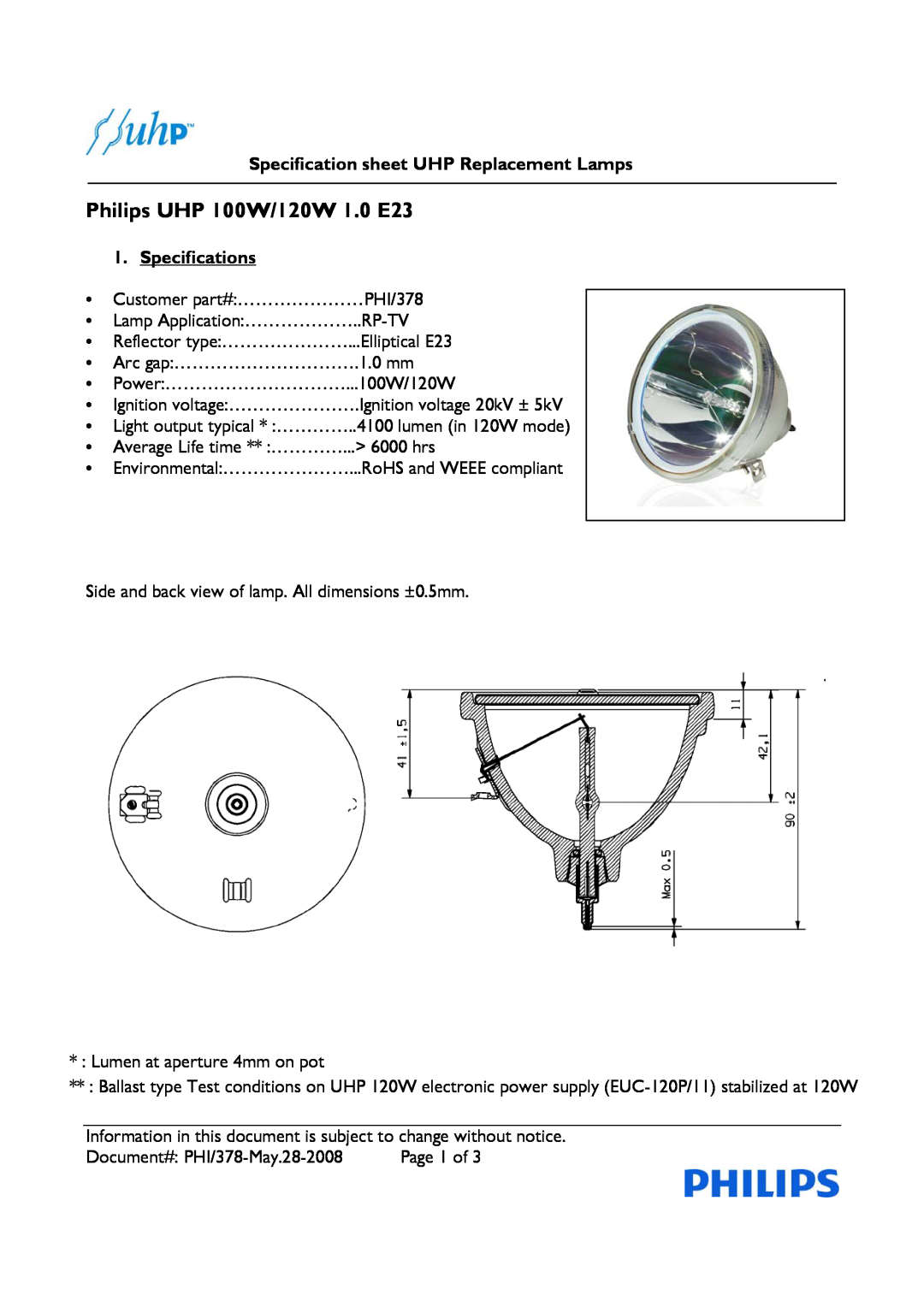 Philips PHI/378 specifications Specification sheet UHP Replacement Lamps, Specifications, Philips UHP 100W/120W 1.0 E23 