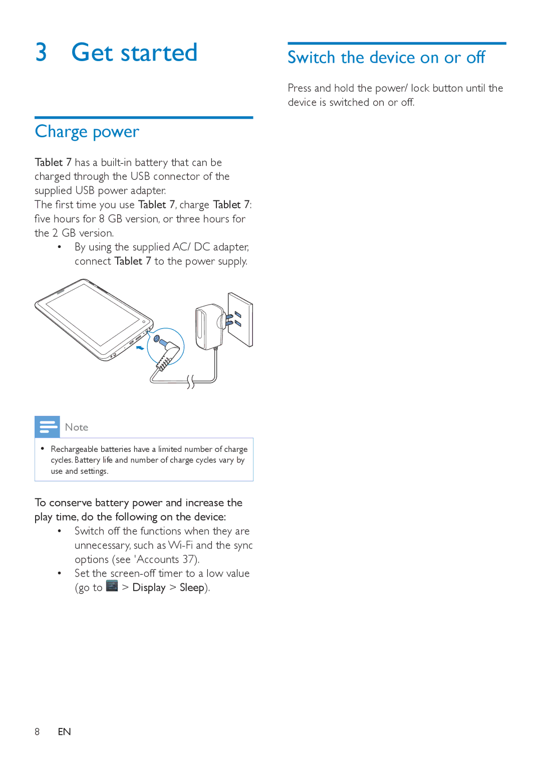 Philips PI3000/93 user manual Get started, Charge power, Switch the device on or off 