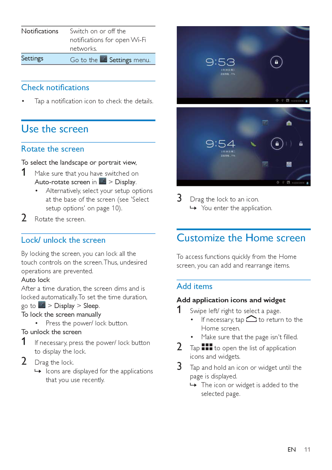 Philips PI3000/93 Use the screen, Customize the Home screen, Rotate the screen, Lock/ unlock the screen, Add items 