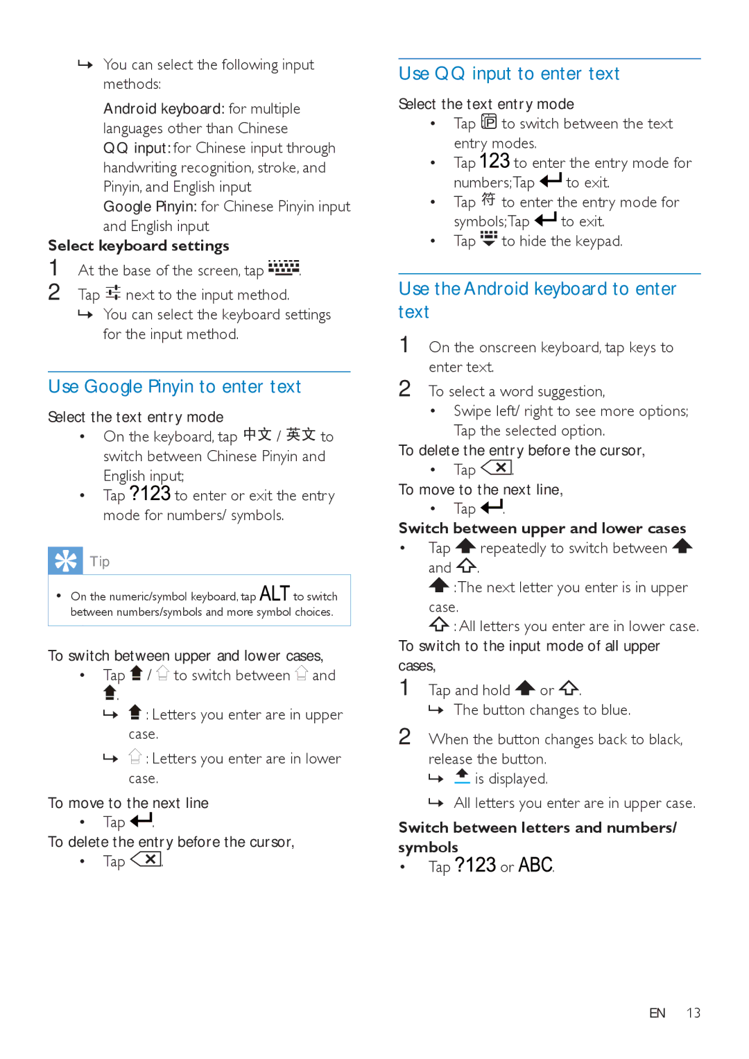 Philips PI3000/93 Use Google Pinyin to enter text, Use QQ input to enter text, Use the Android keyboard to enter text 