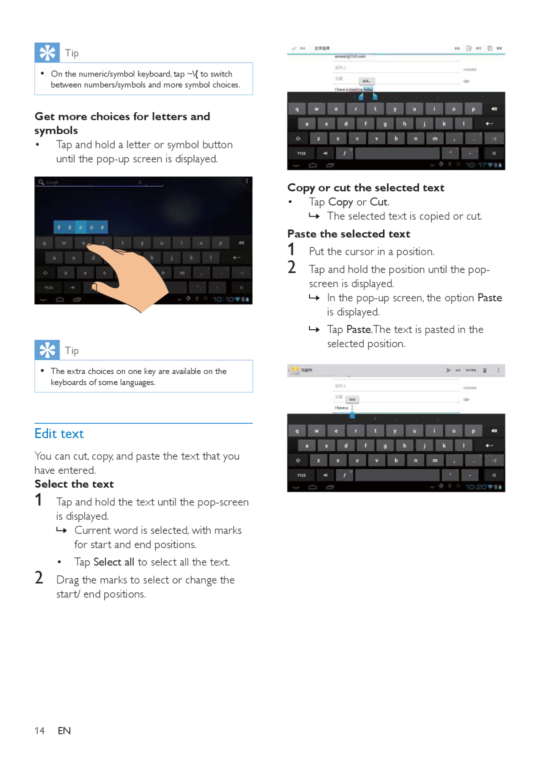 Philips PI3000/93 user manual Edit text, Get more choices for letters and symbols, Select the text, Paste the selected text 