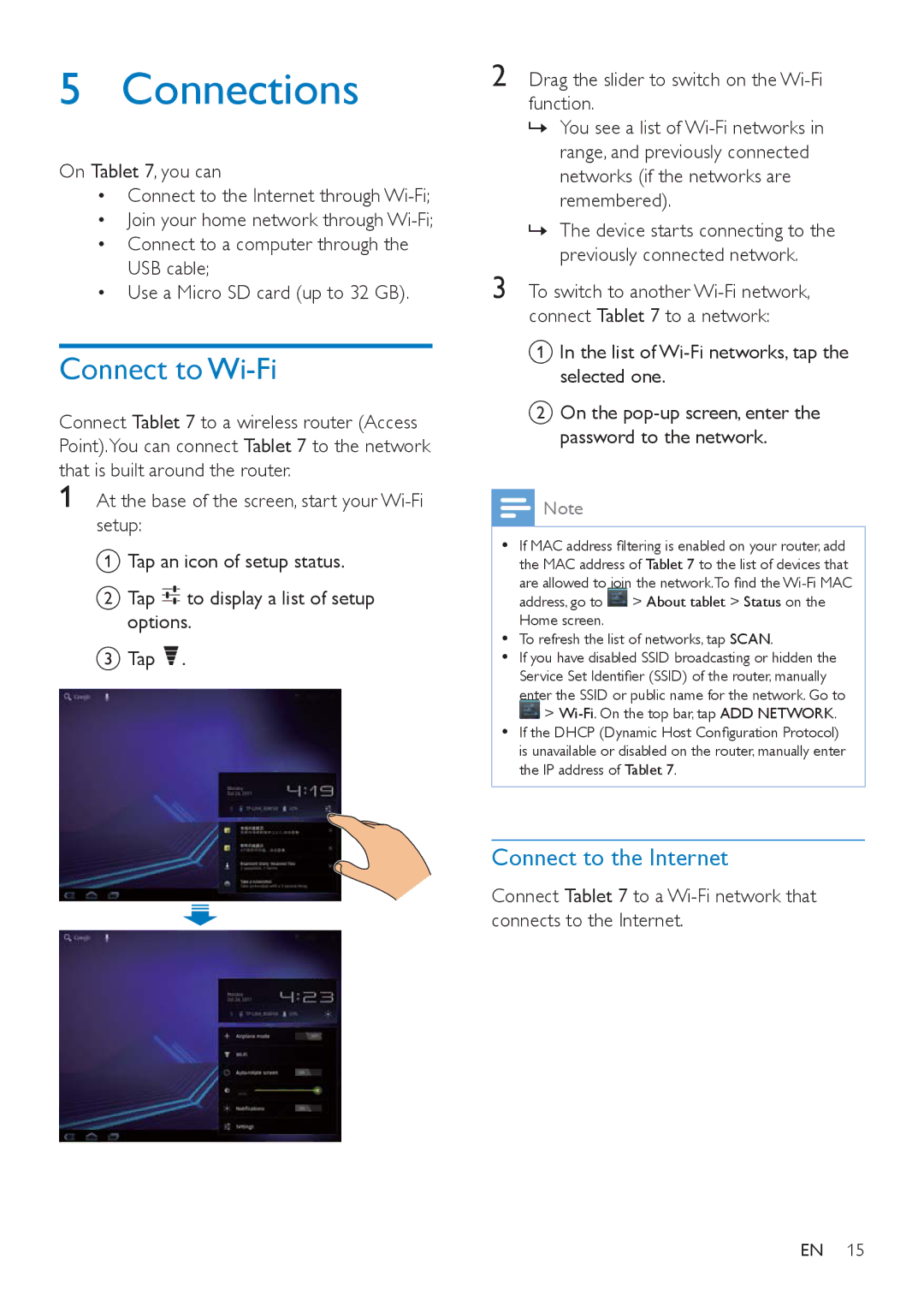 Philips PI3000/93 user manual Connections, Connect to Wi-Fi, Connect to the Internet, On Tablet 7, you can 