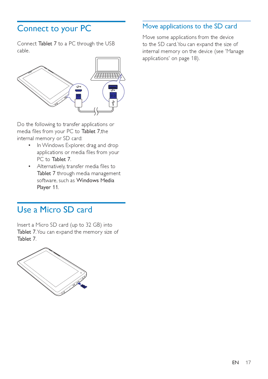 Philips PI3000/93 user manual Connect to your PC, Use a Micro SD card, Move applications to the SD card 