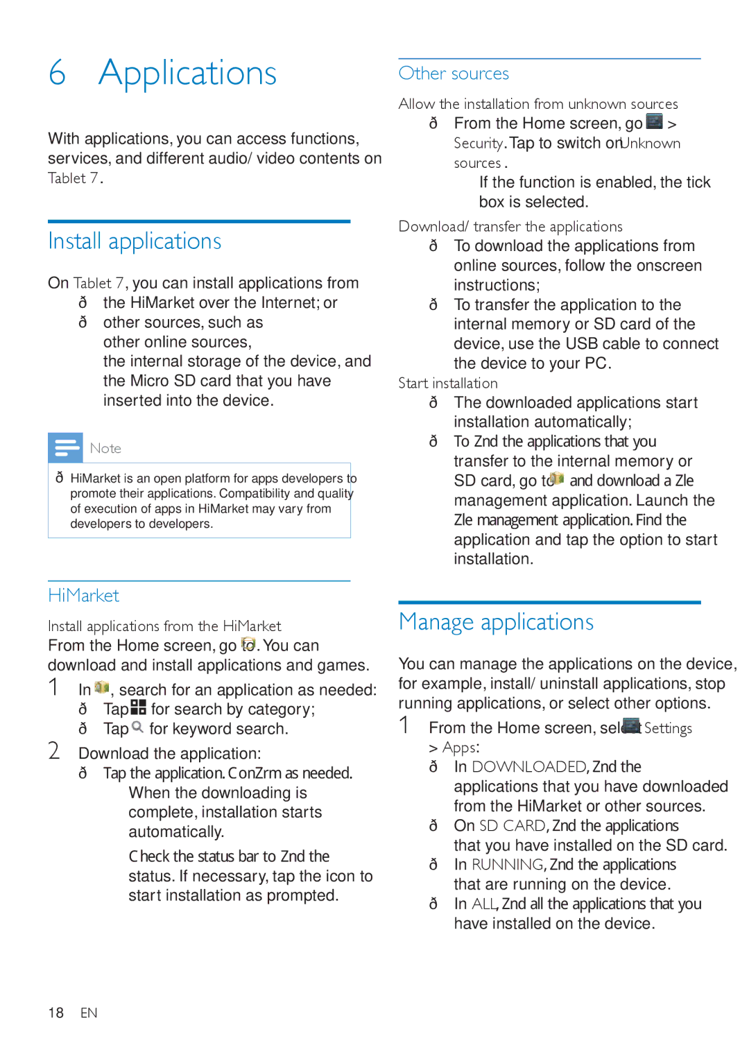 Philips PI3000/93 user manual Applications, Install applications, Manage applications, HiMarket, Other sources 