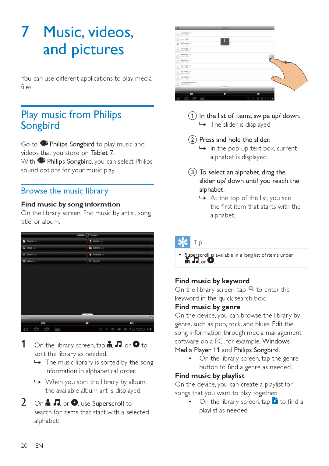 Philips PI3000/93 user manual Play music from Philips Songbird, Browse the music library 