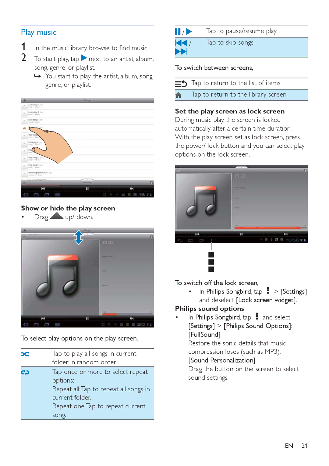 Philips PI3000/93 user manual Play music, Show or hide the play screen, To select play options on the play screen 