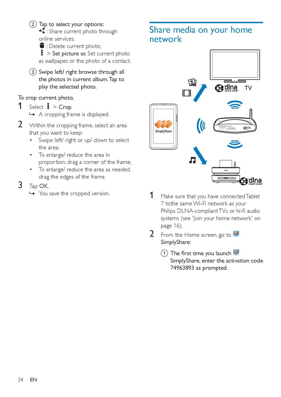 Philips PI3000/93 user manual Share media on your home network, Tap OK » You save the cropped version 