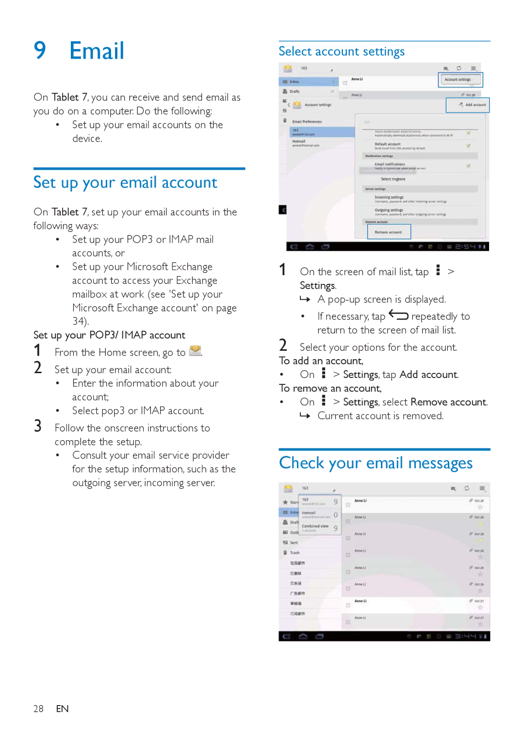 Philips PI3000/93 user manual Set up your email account, Check your email messages, Select account settings 