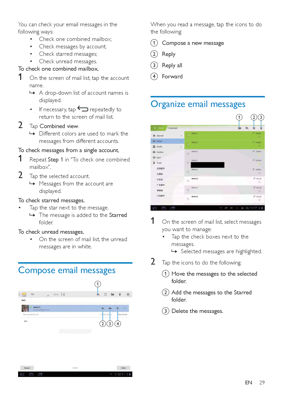 Philips PI3000/93 Compose email messages, Organize email messages, You can check your email messages in the following ways 