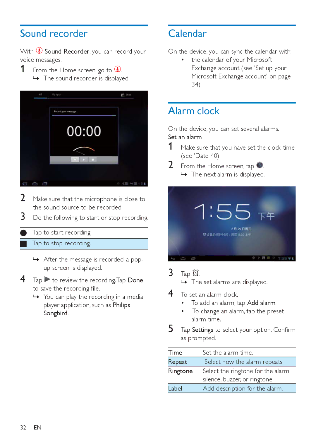 Philips PI3000/93 user manual Sound recorder, Calendar, Alarm clock, Alarm time, Label Add description for the alarm 