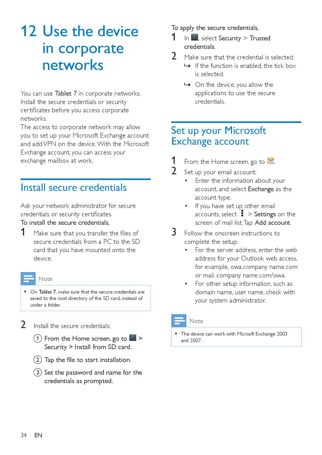 Philips PI3000/93 user manual Install secure credentials, Set up your Microsoft Exchange account 