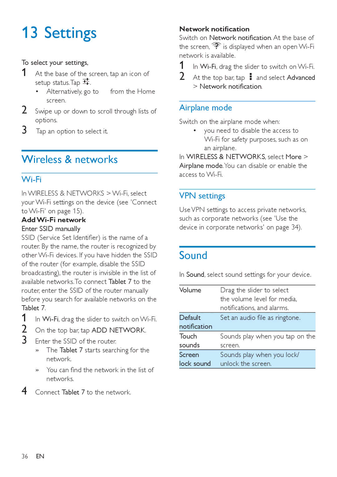 Philips PI3000/93 user manual Settings, Wireless & networks, Sound 