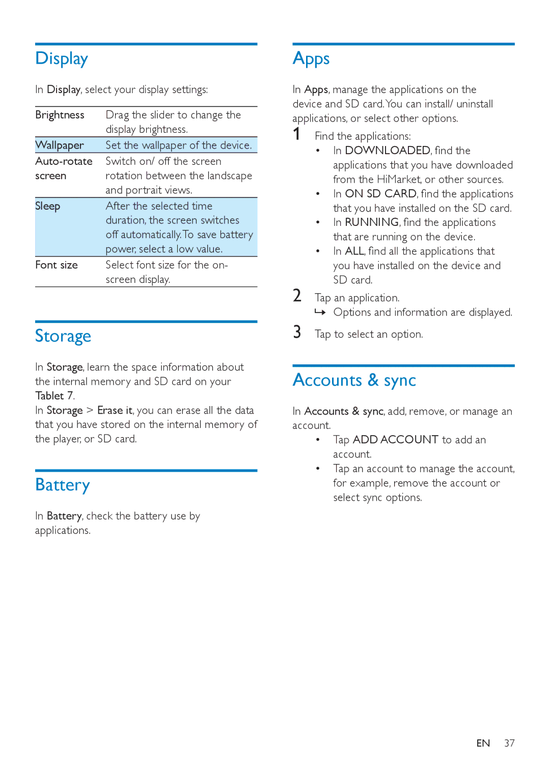 Philips PI3000/93 user manual Display, Storage, Battery, Apps, Accounts & sync 