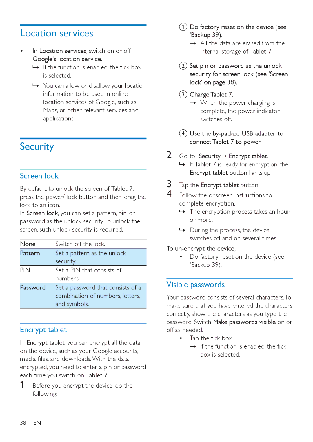 Philips PI3000/93 user manual Location services, Security, Screen lock, Encrypt tablet, Visible passwords 