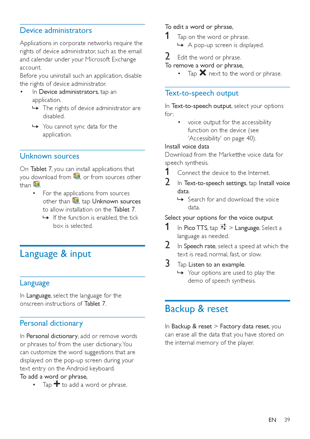 Philips PI3000/93 user manual Language & input, Backup & reset 