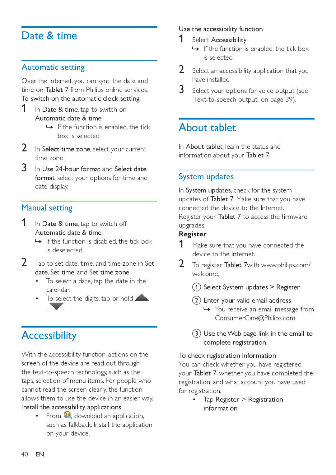 Philips PI3000/93 user manual Date & time, Accessibility, About tablet 