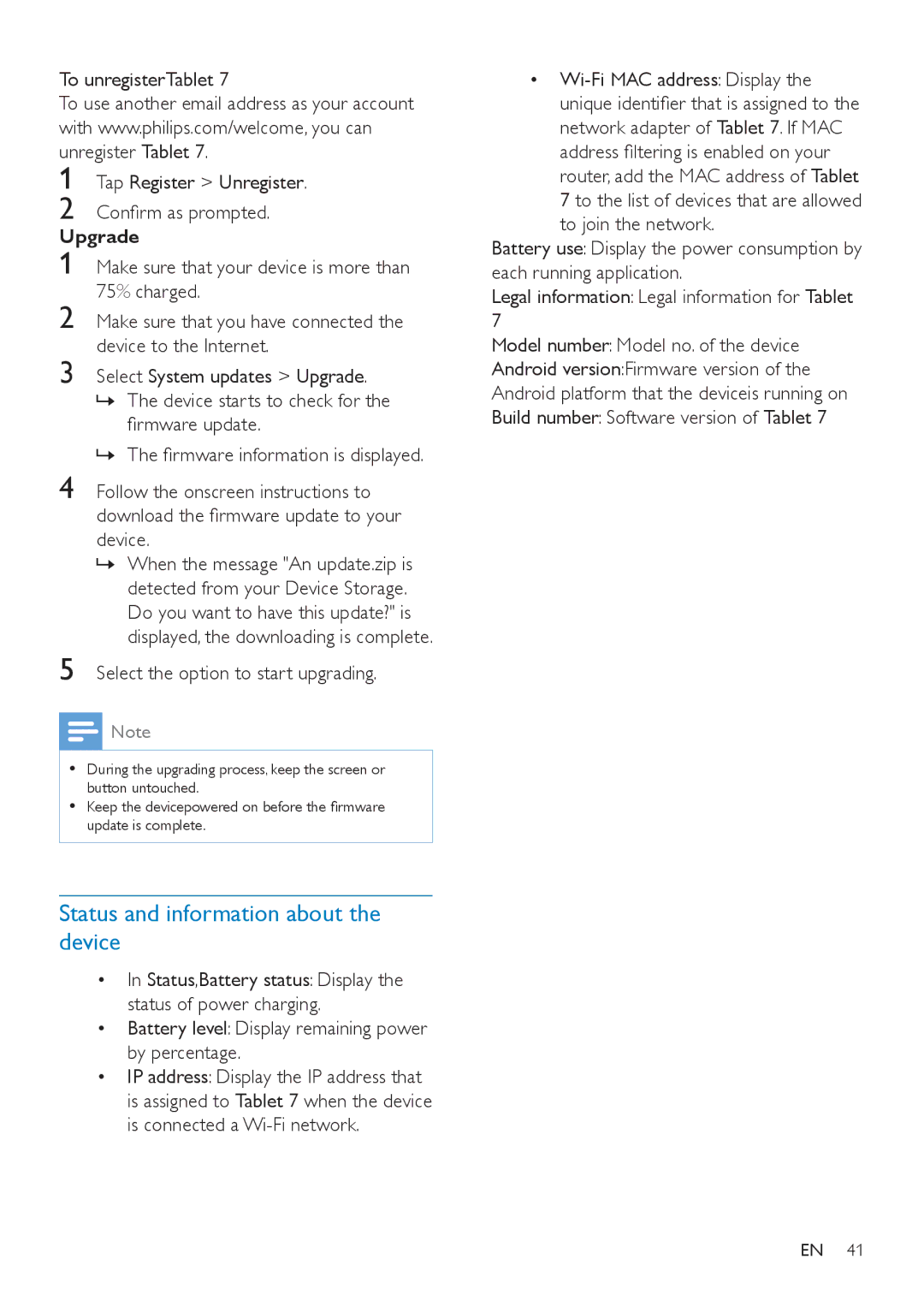 Philips PI3000/93 user manual Status and information about the device, RqàupDvSurpswhg, Upgrade, ÀupzduhXsgdwh 