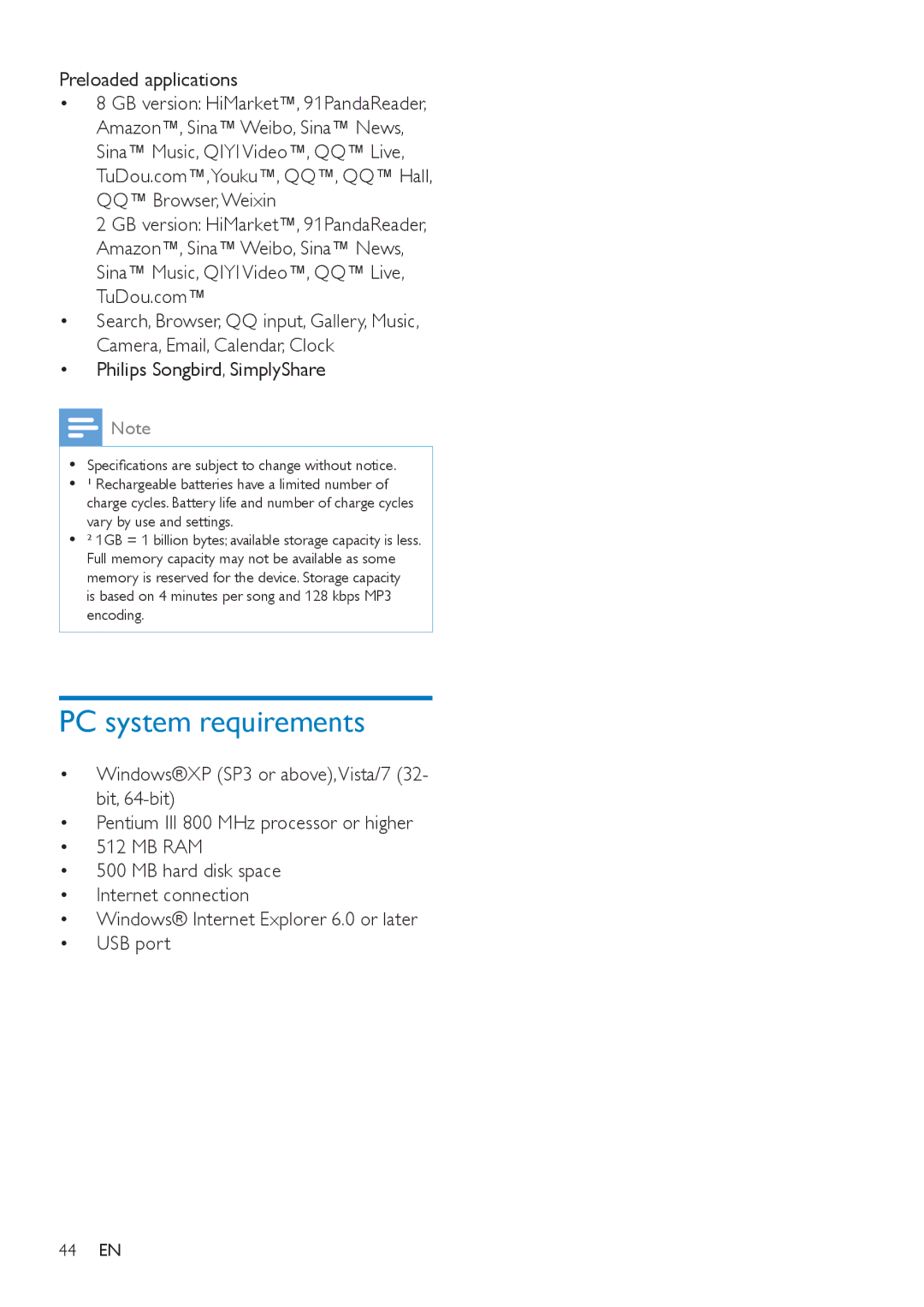 Philips PI3000/93 user manual PC system requirements, Preloaded applications, ‡ Philips Songbird, SimplyShare 