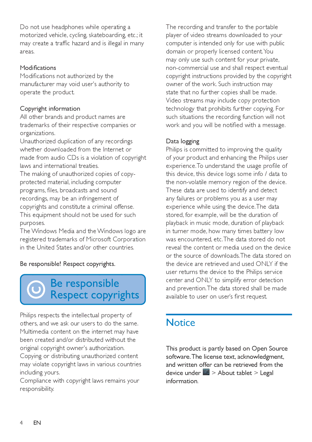 Philips PI3000/93 user manual 0RGLÀFDWLRQV, Be responsible! Respect copyrights, Data logging 