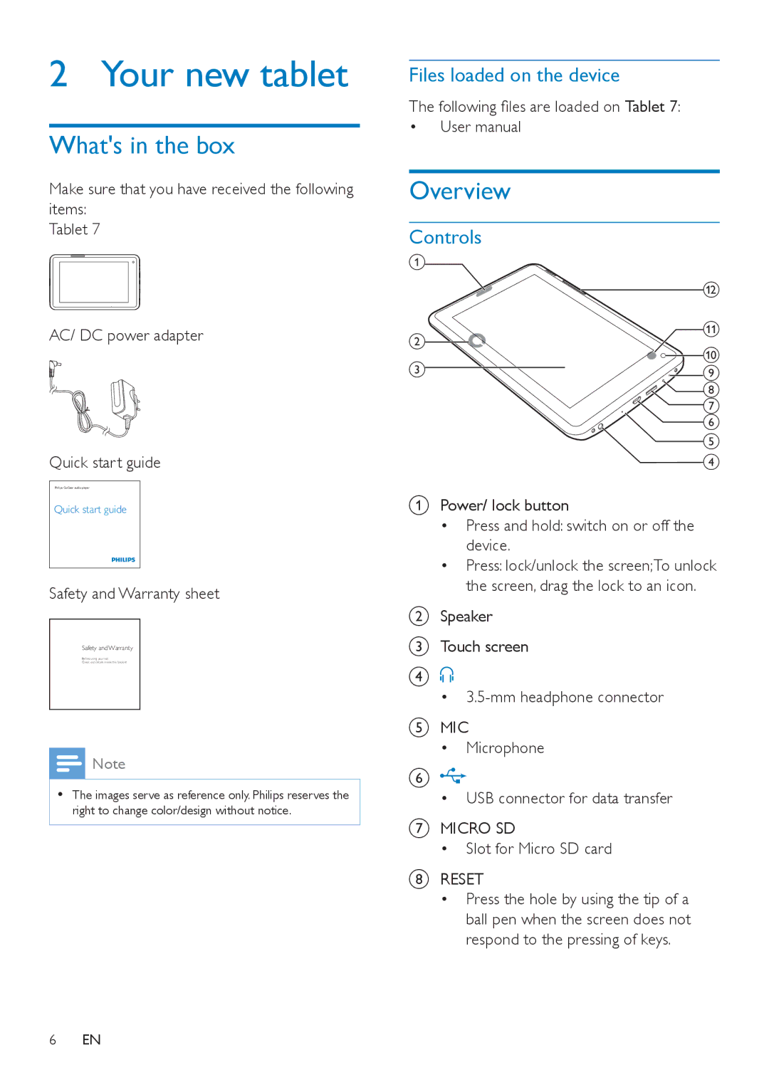 Philips PI3000/93 user manual Your new tablet, Whats in the box, Overview, Files loaded on the device, Controls 