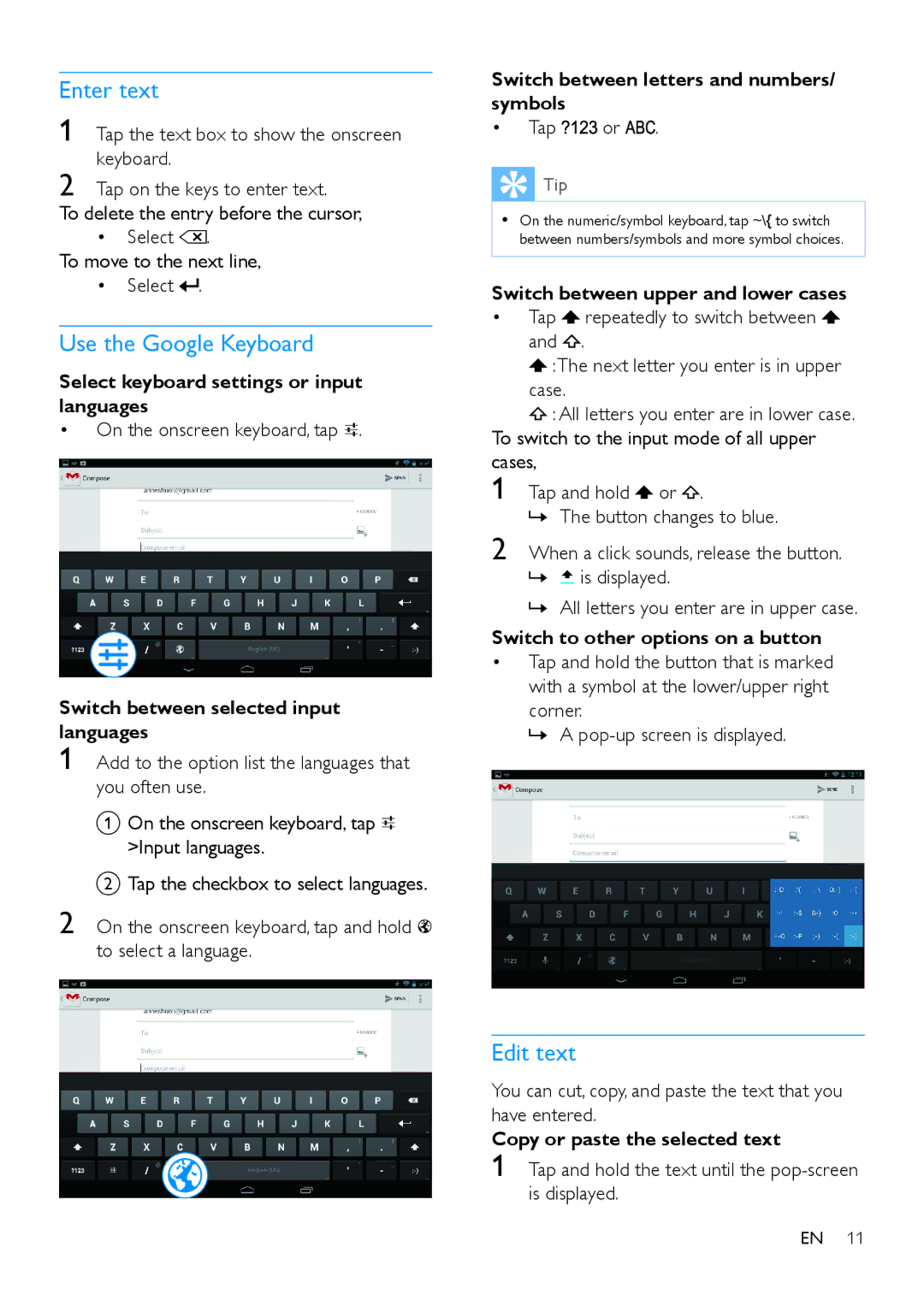 Philips PI3100 manual Enter text, Use the Google Keyboard, Edit text 