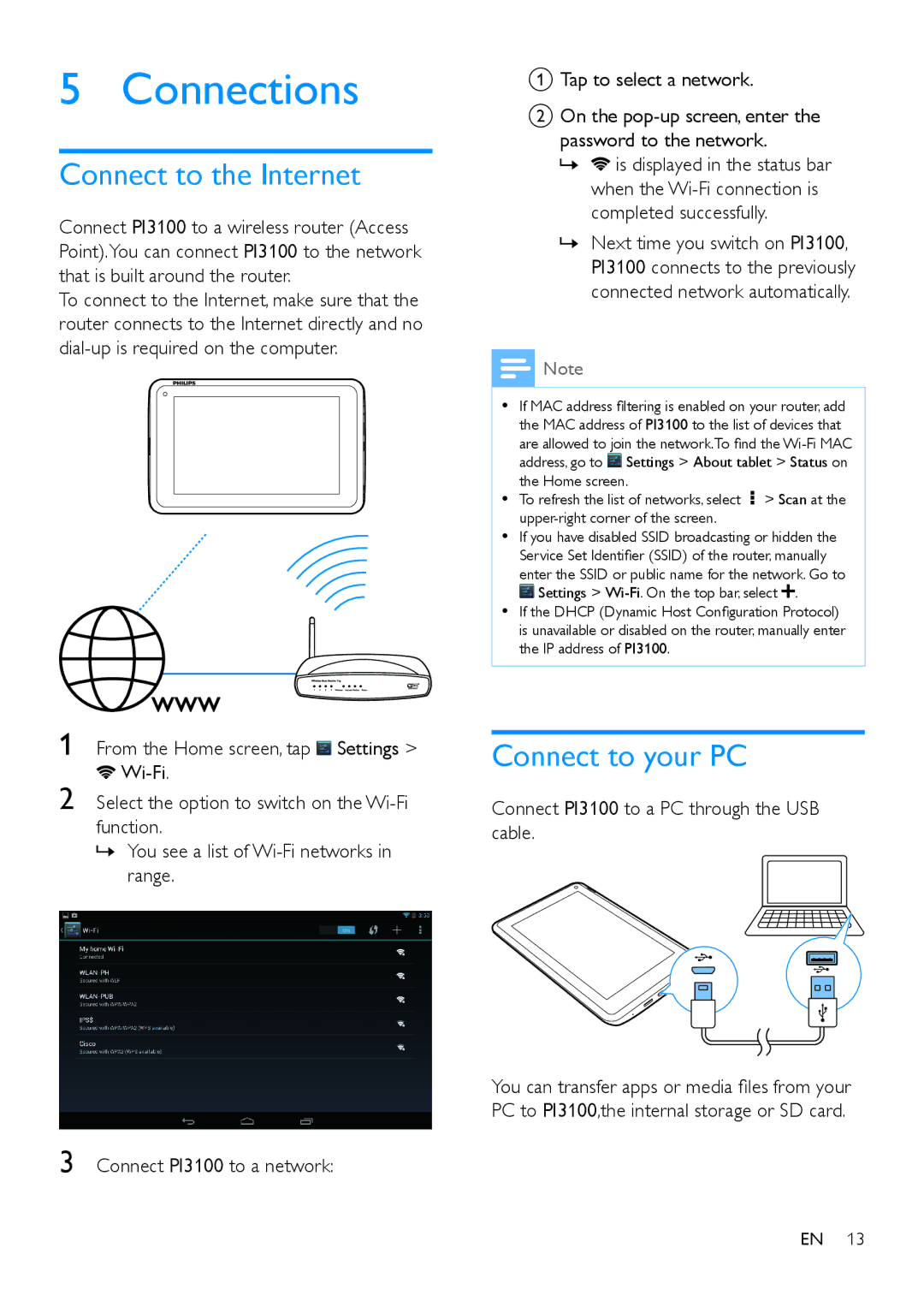 Philips manual Connections, Connect to the Internet, Connect to your PC, Connect PI3100 to a PC through the USB cable 