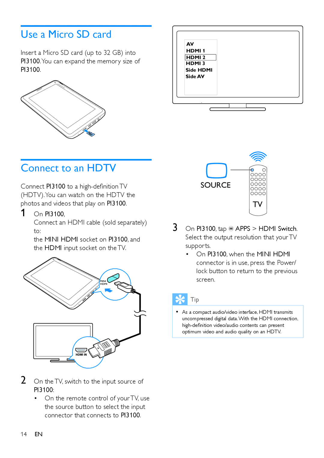 Philips manual Use a Micro SD card, Connect to an Hdtv, On the TV, switch to the input source of PI3100 