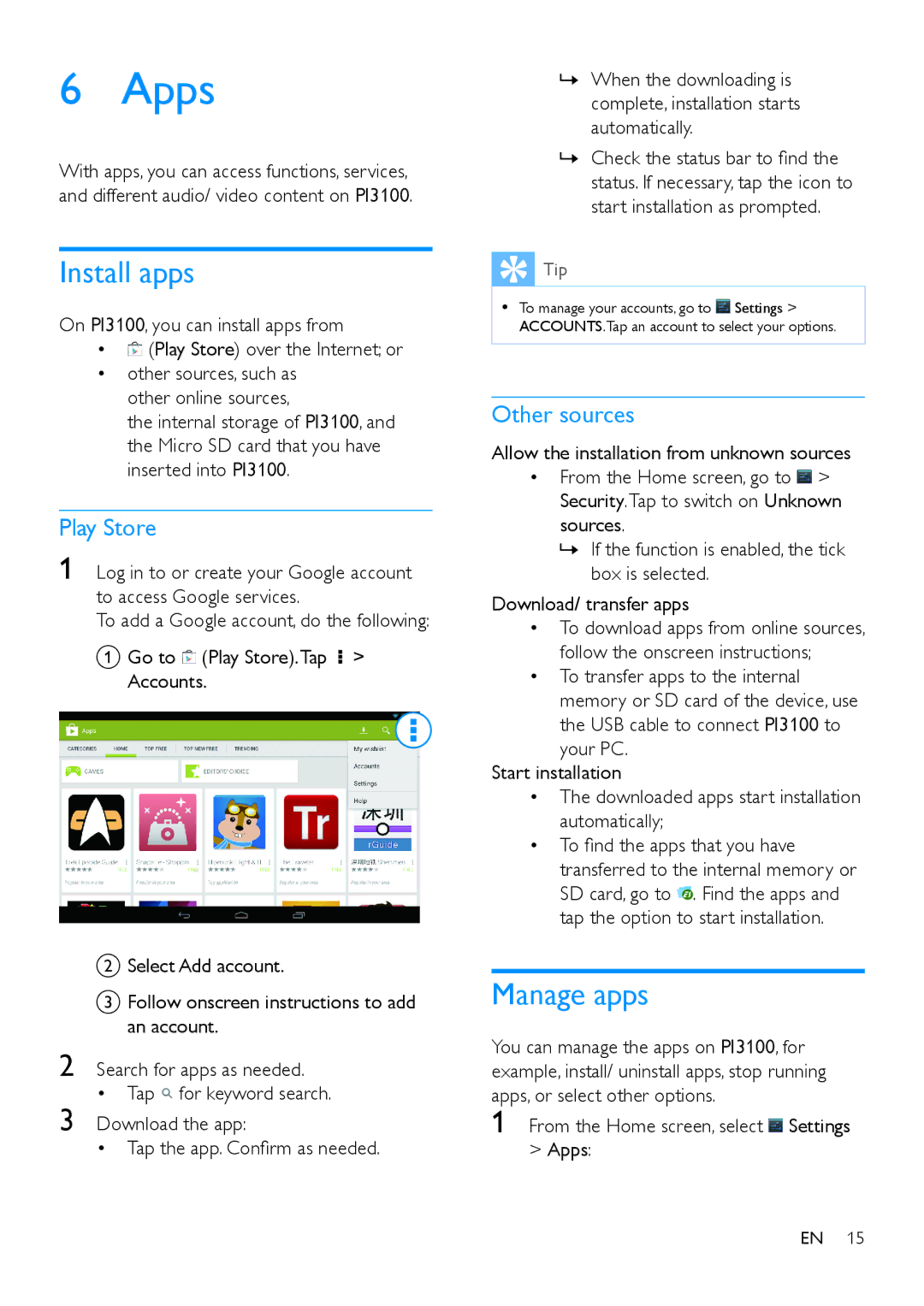 Philips PI3100 manual Apps, Install apps, Manage apps, Play Store, Other sources 