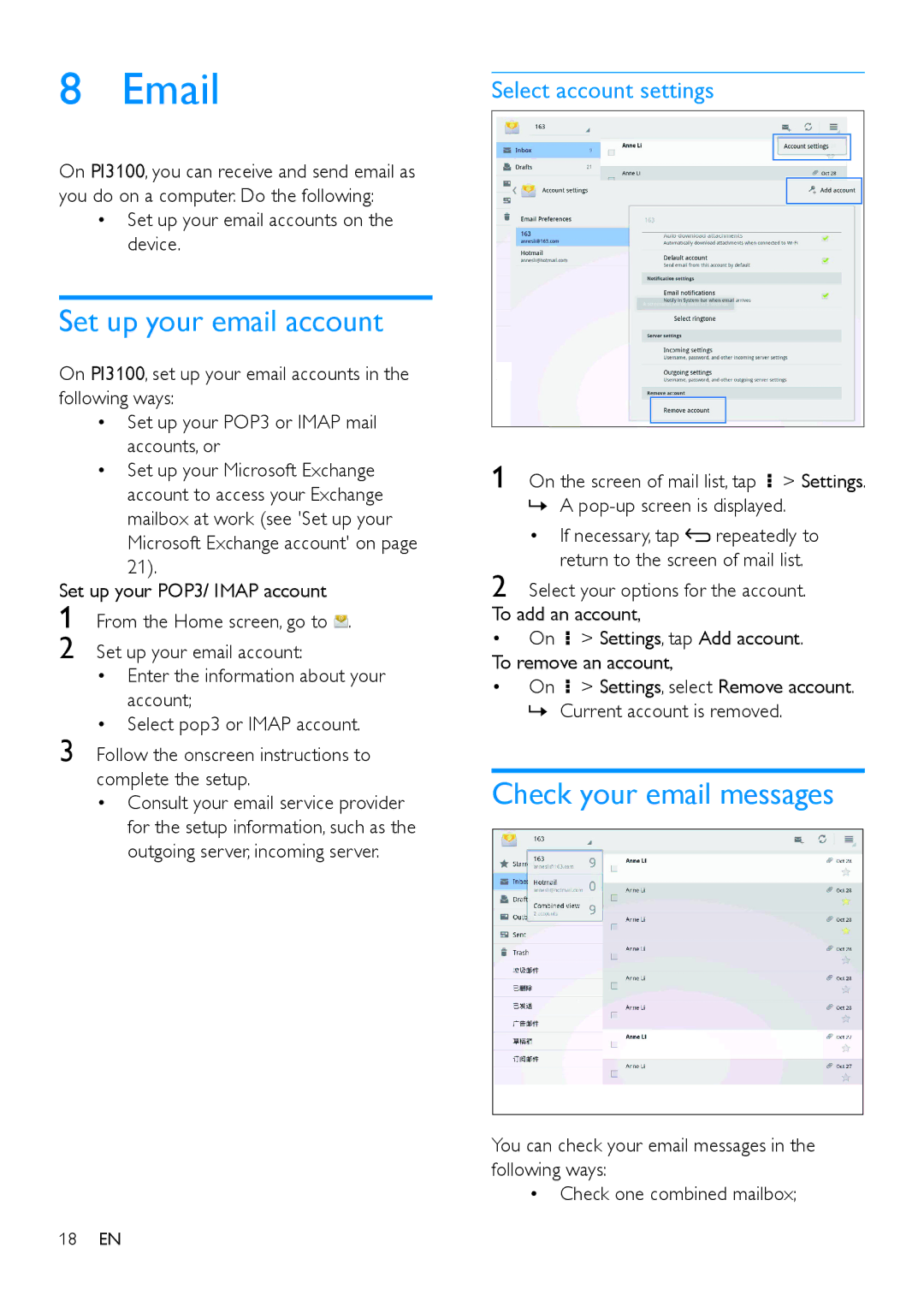 Philips PI3100 manual Set up your email account, Check your email messages, Select account settings 