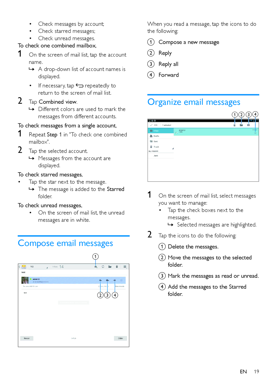 Philips PI3100 manual Compose email messages, Organize email messages, Tap Combined view 