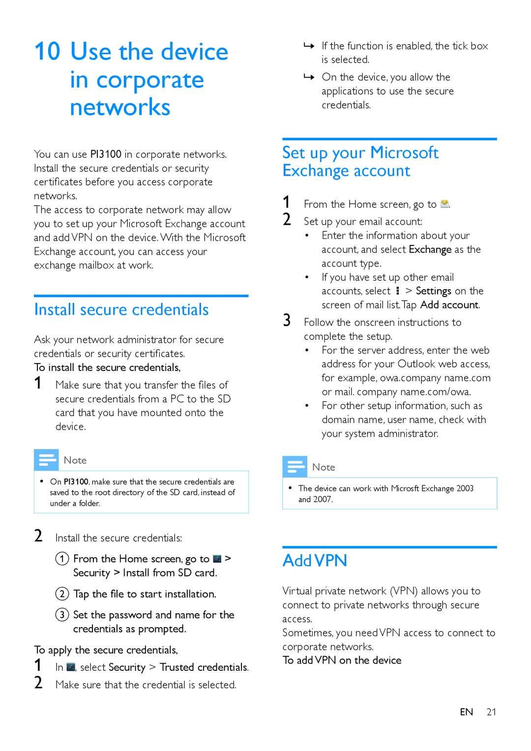 Philips PI3100 manual Install secure credentials, Set up your Microsoft Exchange account, Add VPN 