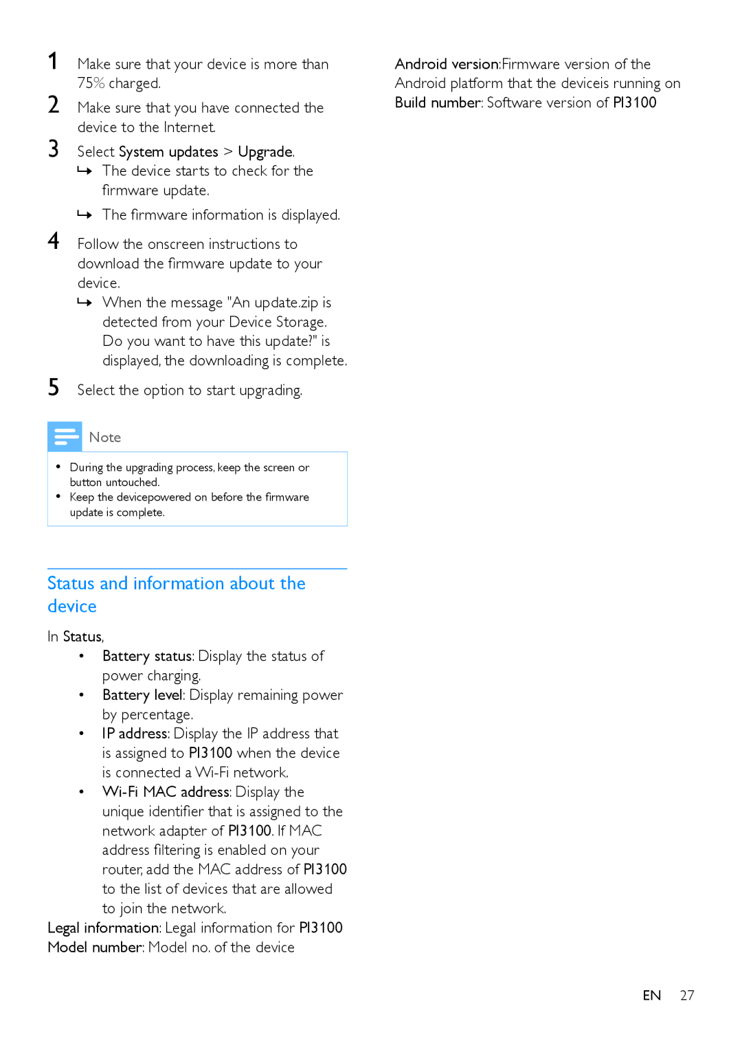 Philips PI3100 Status and information about the device, Select the option to start upgrading, Wi-Fi MAC address Display 