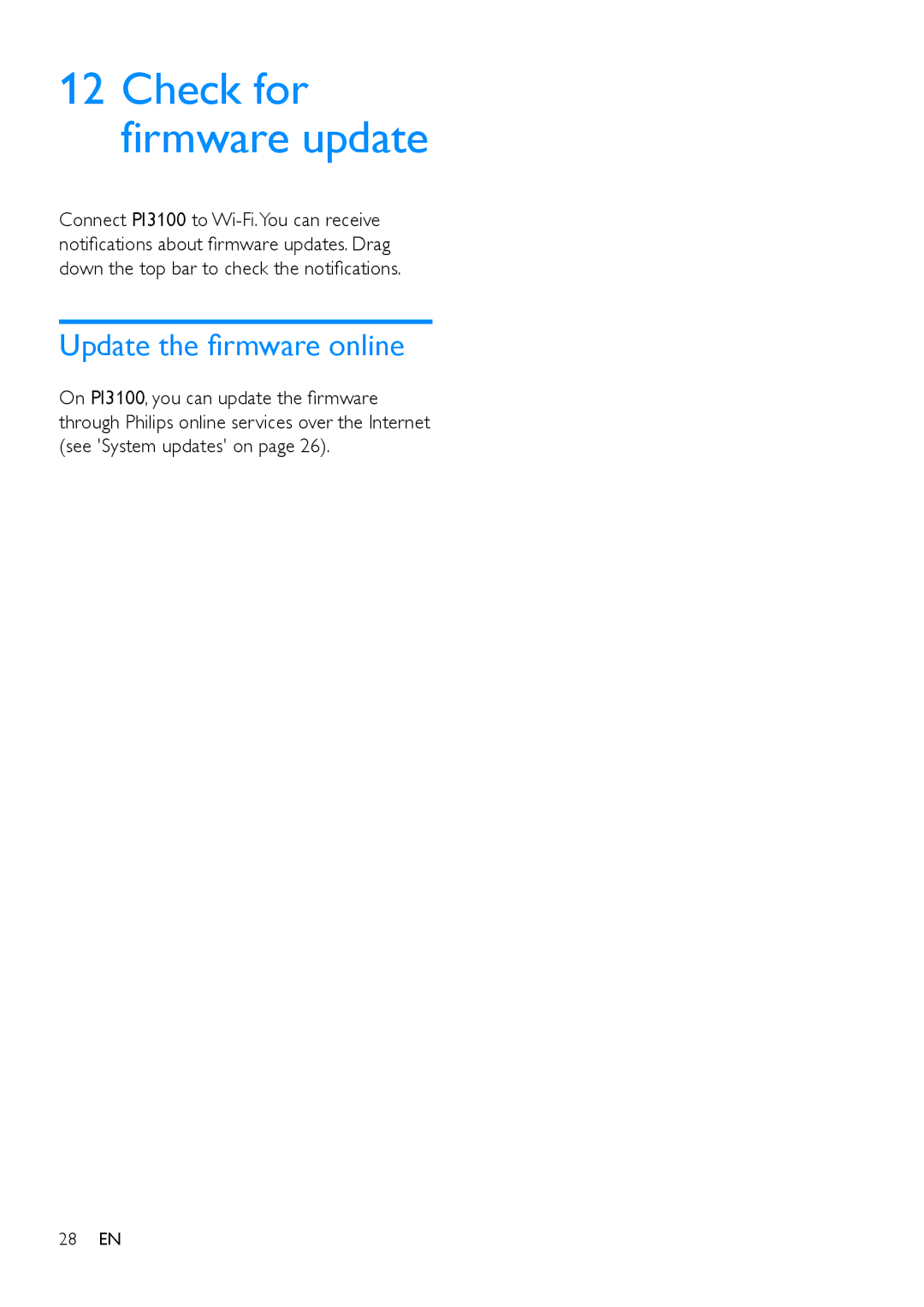 Philips PI3100 manual Check for firmware update, Update the firmware online 