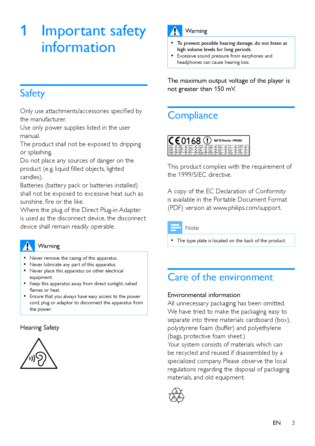 Philips PI3100 manual Compliance, Care of the environment, Hearing Safety, Environmental information 