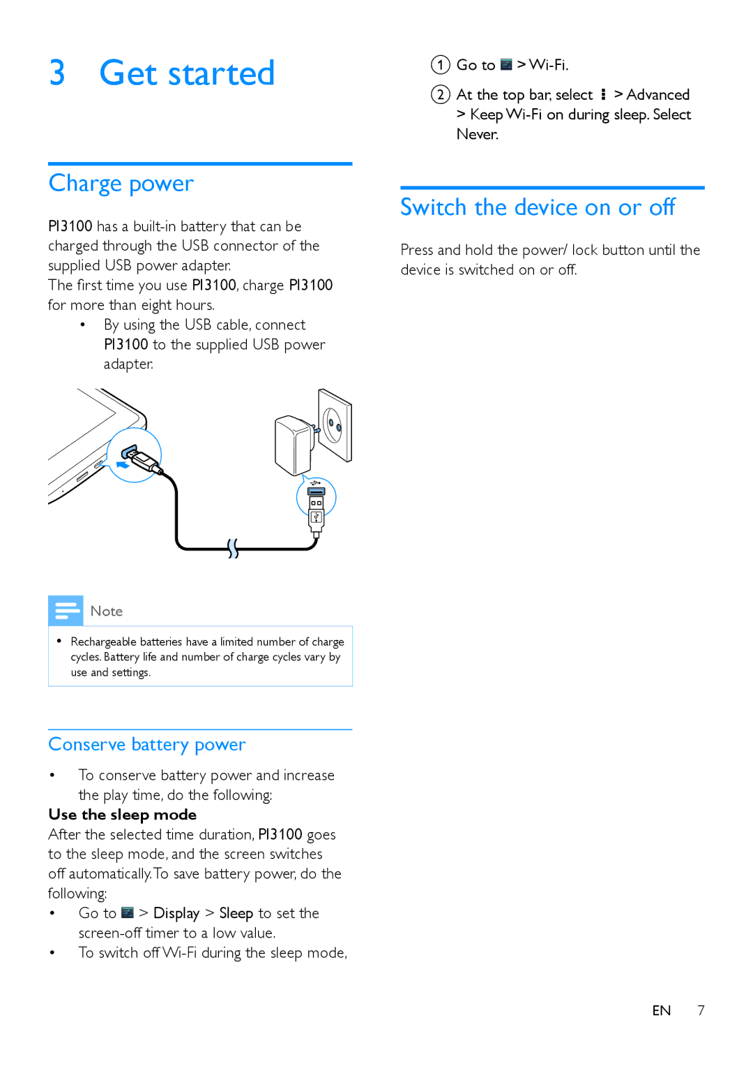 Philips PI3100 manual Get started, Charge power, Switch the device on or off, Conserve battery power 