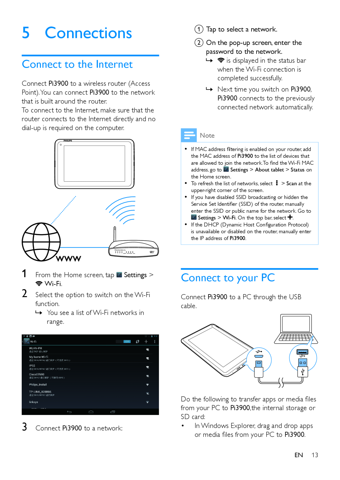 Philips PI3900 manual Connections, Connect to the Internet, Connect to your PC 