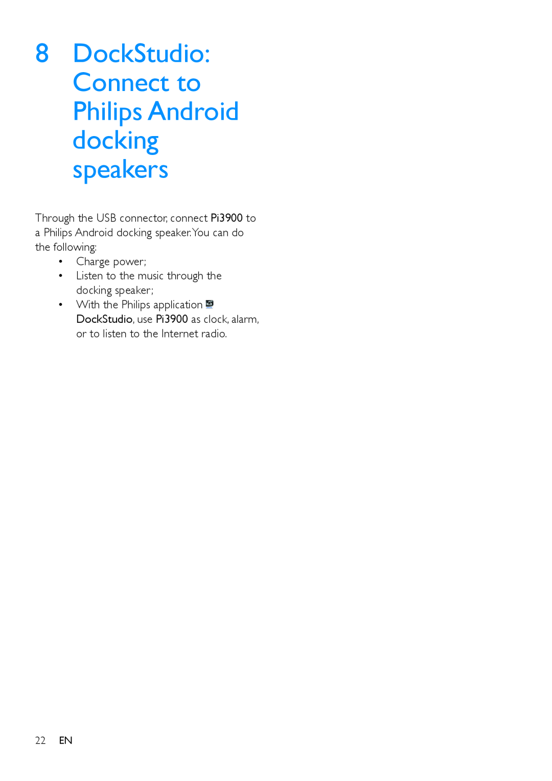 Philips PI3900 manual DockStudio Connect to Philips Android docking speakers 